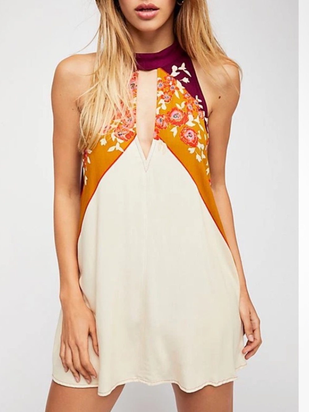 Free People Beat Of My Heart boho Mock Neck halter Tunic Tank Purple cream M NWT